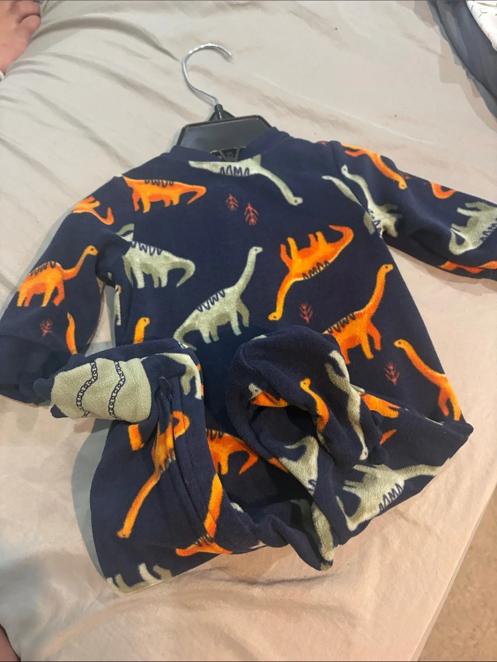 Carter's Navy Blue Fleece Dinosaur Footie with Orange & Cream Dinosaurs